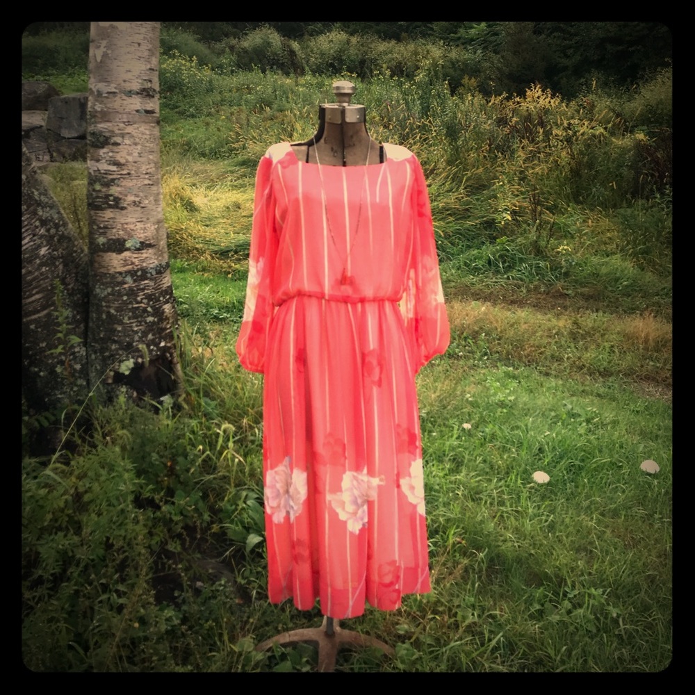 Vintage Dareé coral, floral chiffon dress